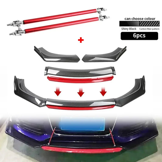 4PCS Car Front Bumper Lip Body Kit Universal Spoiler Splitter Diffuser + 2PCS Stainless Steel Tie Rod Strut Rods Car Accessories