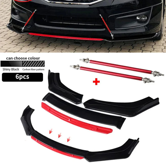4PCS Car Front Bumper Lip Body Kit Universal Spoiler Splitter Diffuser + 2PCS Stainless Steel Tie Rod Strut Rods Car Accessories